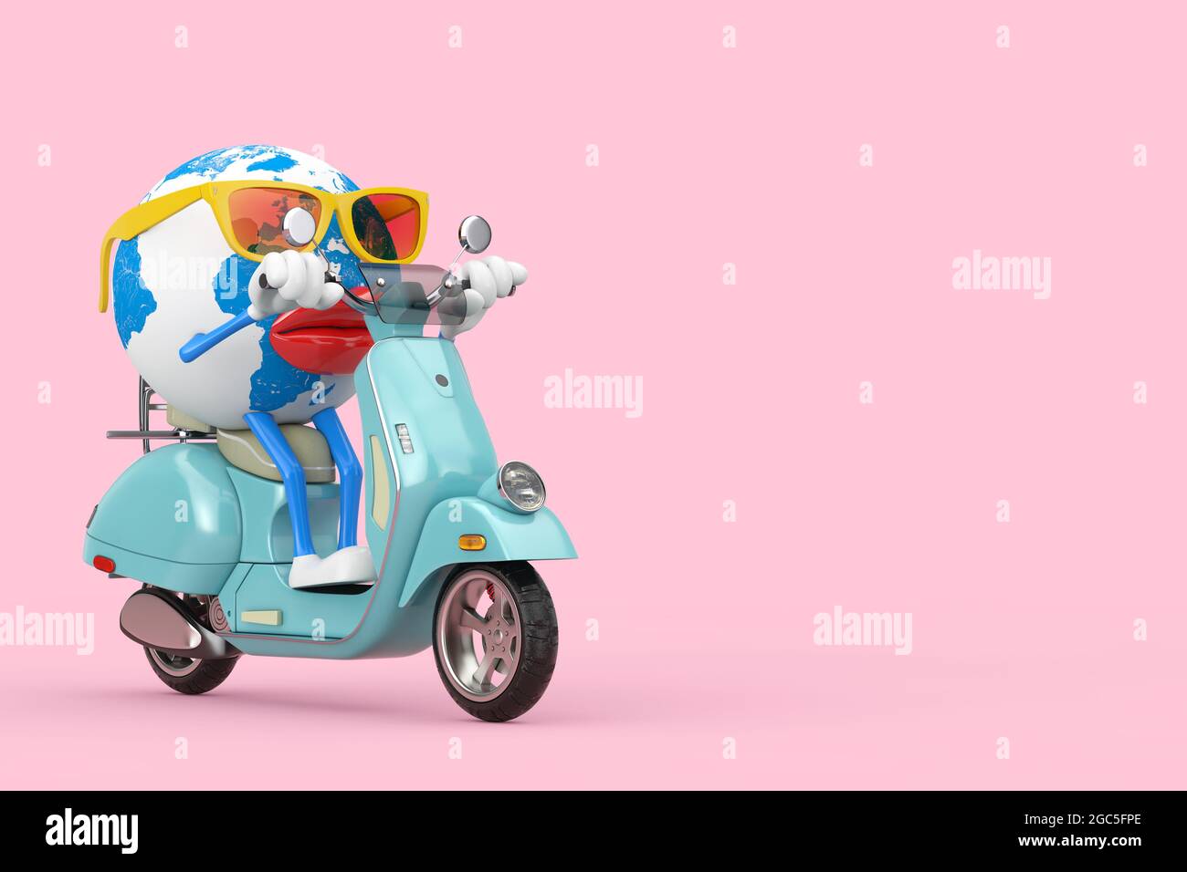 Fun Cartoon Fashion Hipster Schnitt Erde Globus Person Charakter Maskottchen Reiten Classic Vintage Retro oder Elektro-Scooter auf einem rosa Hintergrund. 3d-Renderin Stockfoto