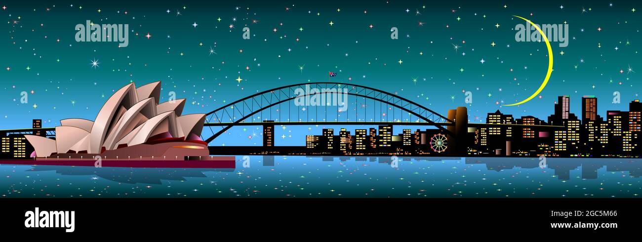 Australische Stadt Sydney. Die Sterne und der Mond leuchten am Nachthimmel. Die Stadt ist mit bunten Lichtern beleuchtet. Stock Vektor