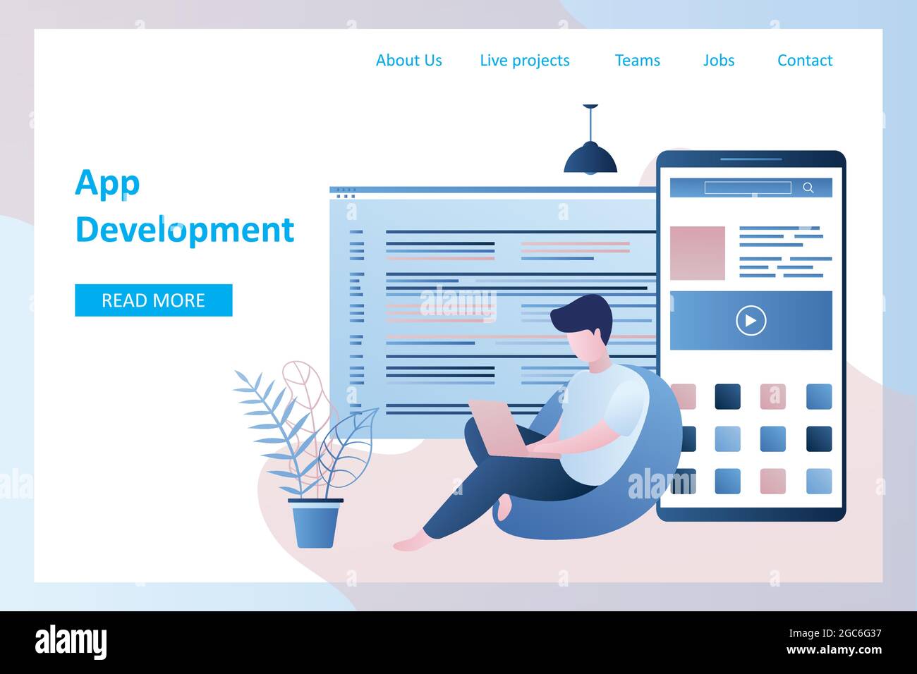 App-Entwicklung, Back-End- und Front-End-Webentwickler, männlicher Charakter mit Laptop, großes Smartphone mit Anwendung, Landing-Page-Vorlage, trendiger Style-Vec Stock Vektor