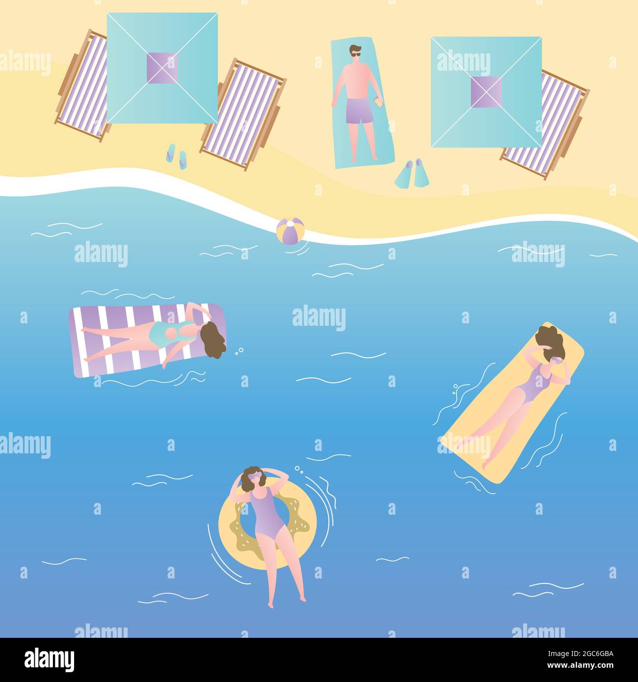 Madchen Auf Aufblasbaren Matratzen Schwimmen Im Meer Sonnenschirme Und Liegestuhle Am Strand Menschen Charaktere Draufsicht Lustige Sommer Hintergrund Trendigen Stil Vect Stock Vektorgrafik Alamy