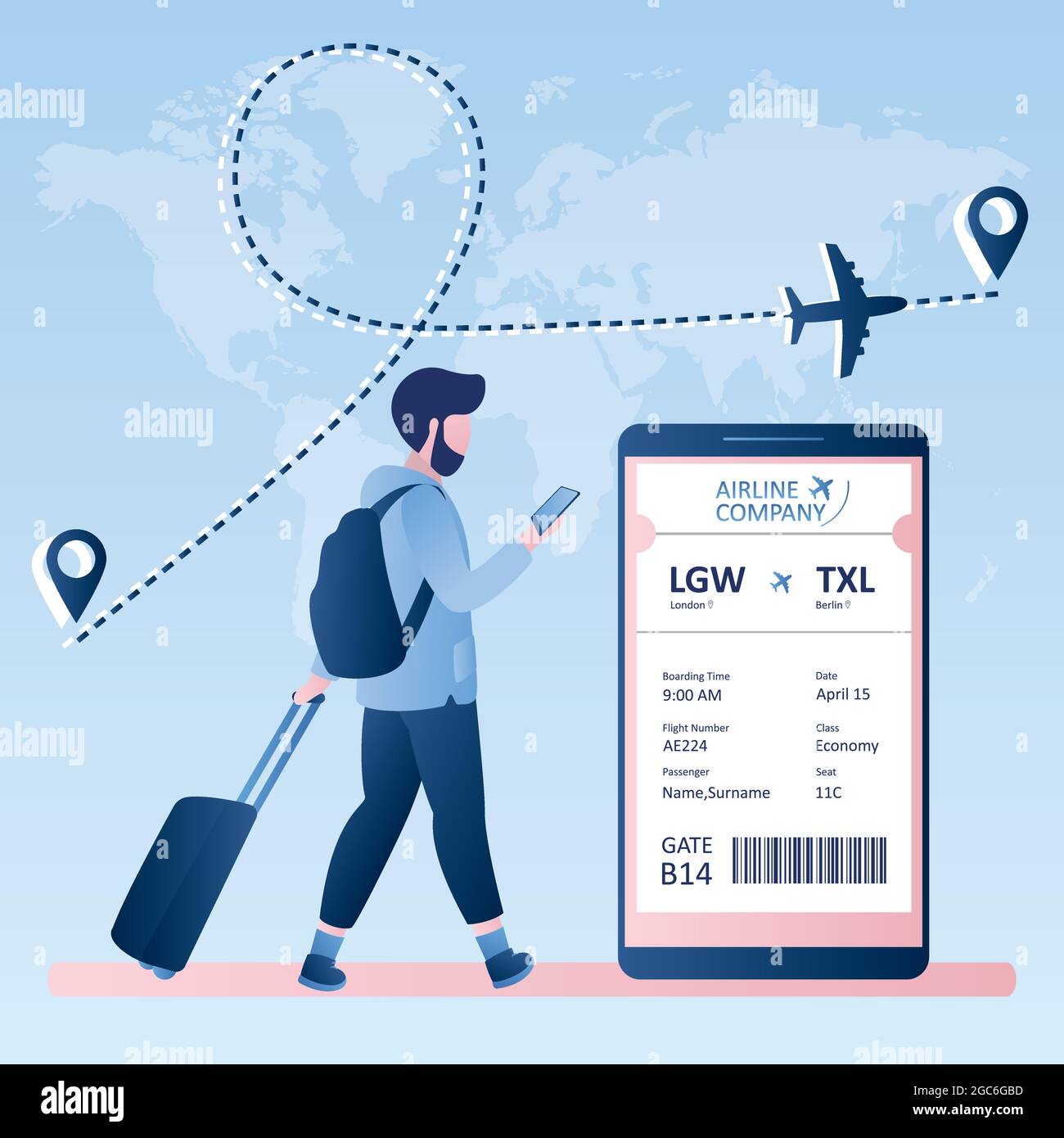 Männlicher Hipster-Reisender mit Koffer und Smartphone, Online-Check-in, Bordkarte der Fluggesellschaft Ticket mit Barcode auf Handy-Bildschirm, Vector illus Stock Vektor