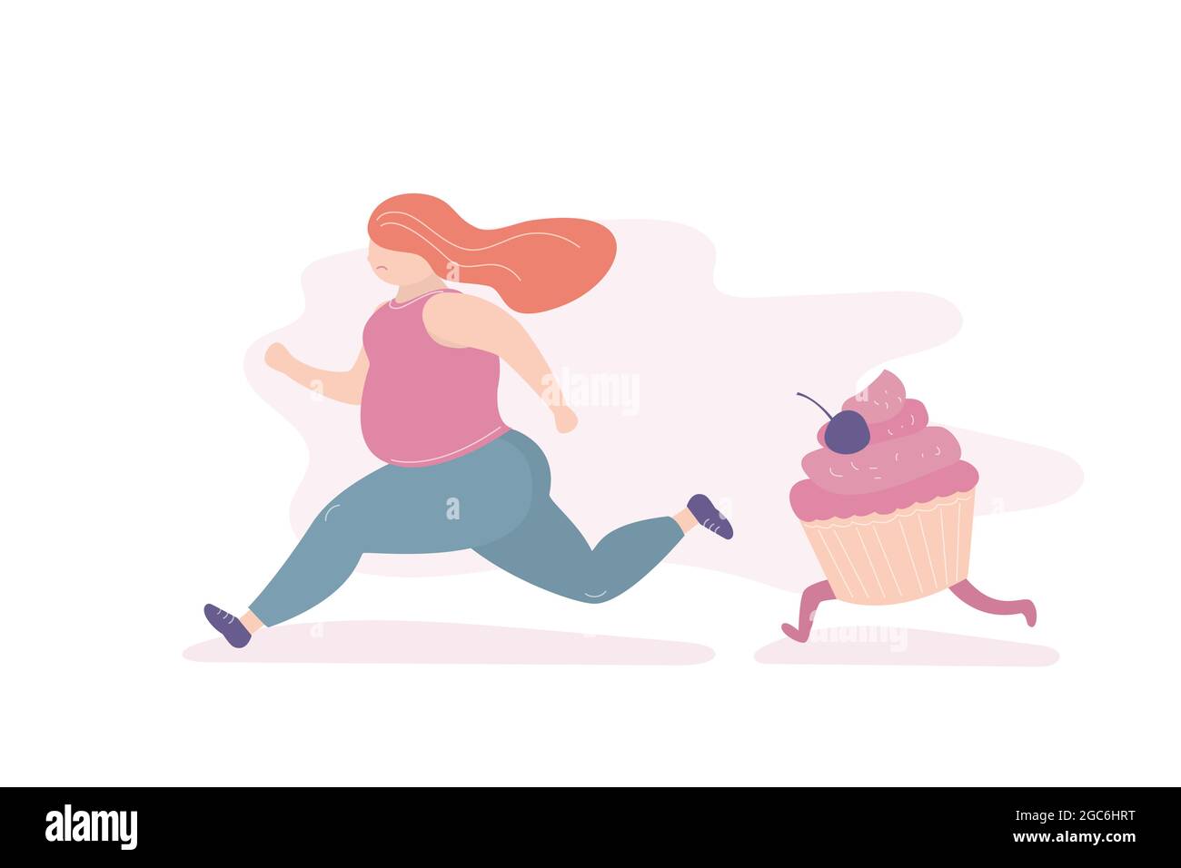 Unglücklich fette Mädchen läuft weg von einem großen Cupcake, Frau Angst vor dem Problem von Übergewicht und übermäßiges Essen, trendigen Stil Vektor-Illustration Stock Vektor