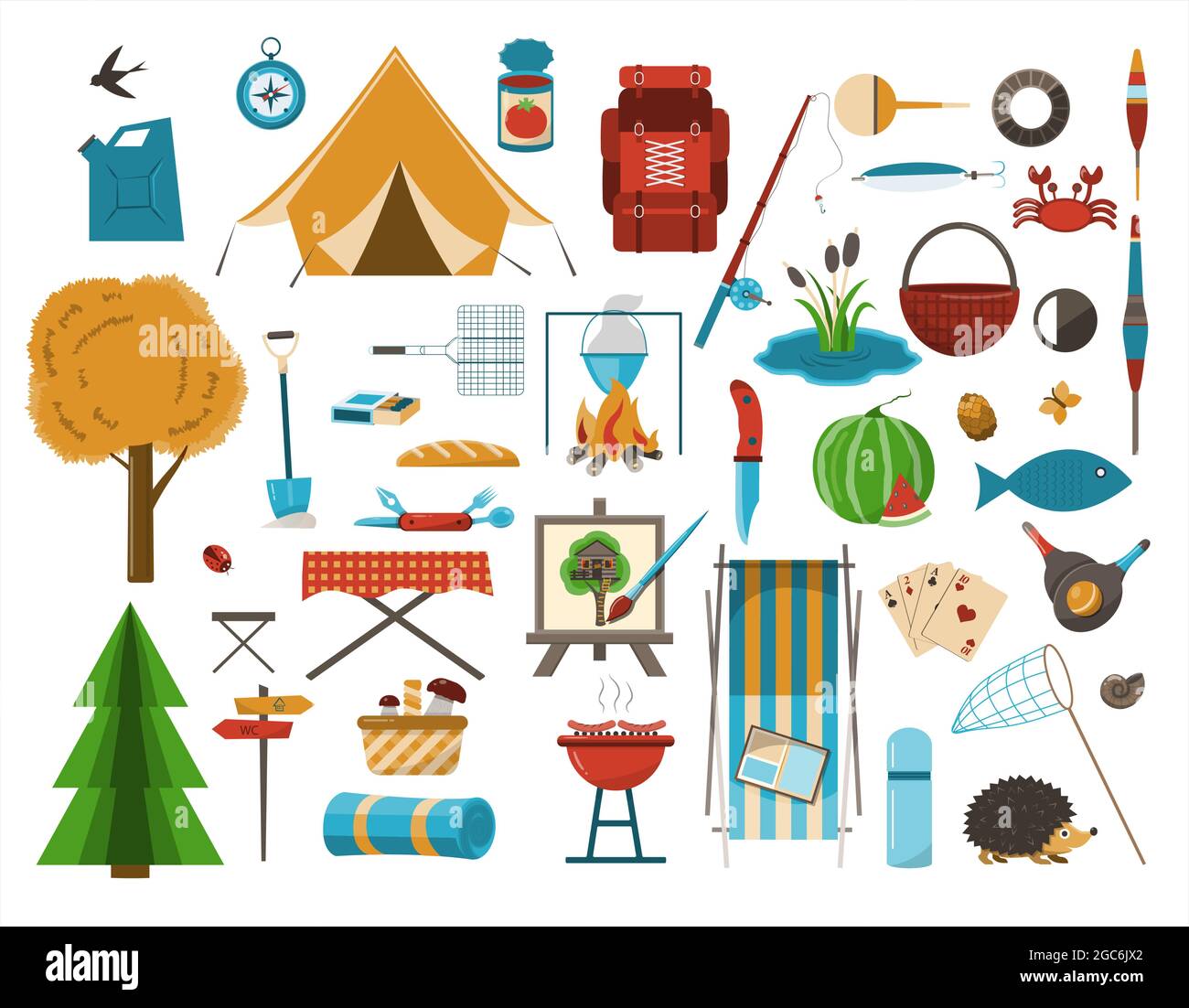 Ein großer Satz flacher Symbole für Camping. Vektorgrafik Cartoon-Illustration. Ausrüstung für Wandern, Bergsteigen und Camping-eine Reihe von Ikonen und Infografiken Stock Vektor