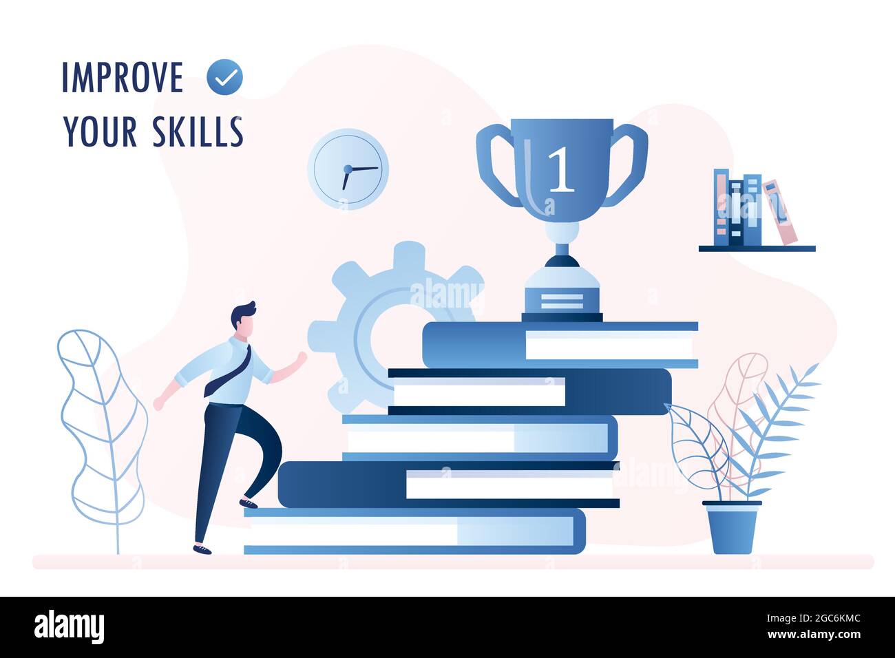 Stapel von Büchern und Siegerpokal auf der Oberseite. Geschäftsmann oder Student steigt die Treppe, verbessern neue Fähigkeiten und Bildungskonzept, trendigen Stil Vektor krank Stock Vektor