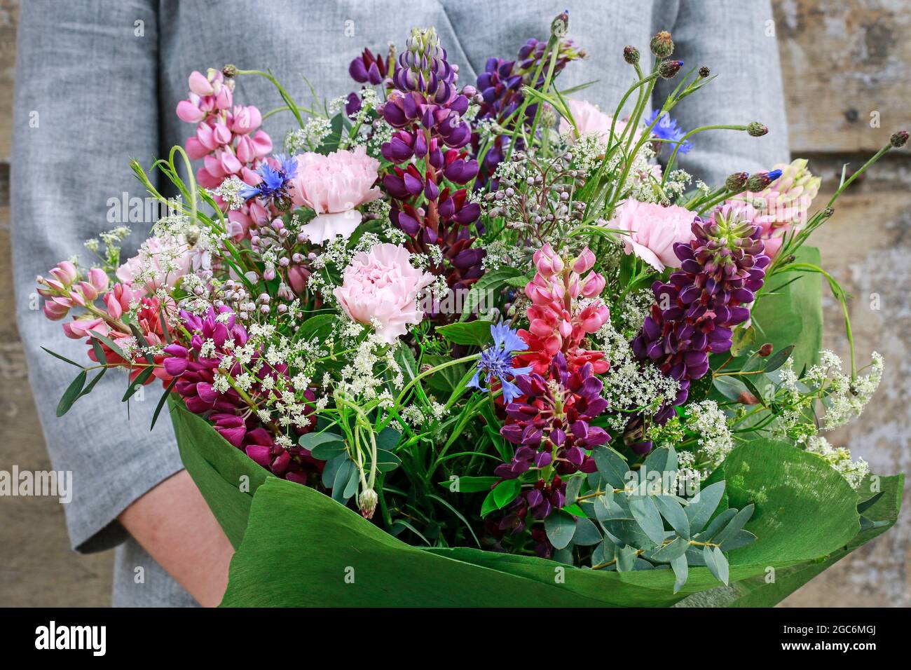 Frau hält einen Blumenstrauß mit Sommerblumen. Gartenhobby Stockfoto