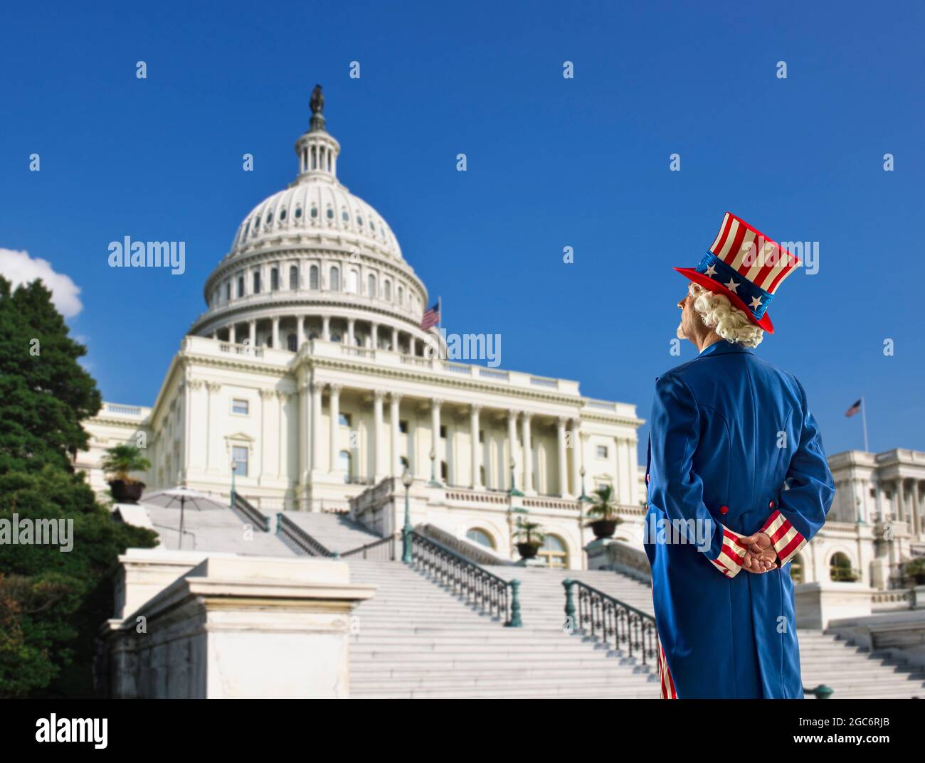 USA, Washington DC, Uncle Sam mit Blick auf die USA, Capital Building Stockfoto