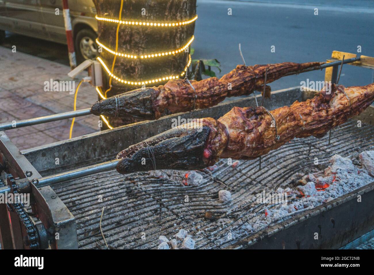 Gegrilltes Krokodil am offenen Feuer im Sea Food Restaurant, exotische Mahlzeiten in Vietnam, Speisen der asiatischen Küche, rohes Krokodilfleisch, exotische Speisen. Stockfoto