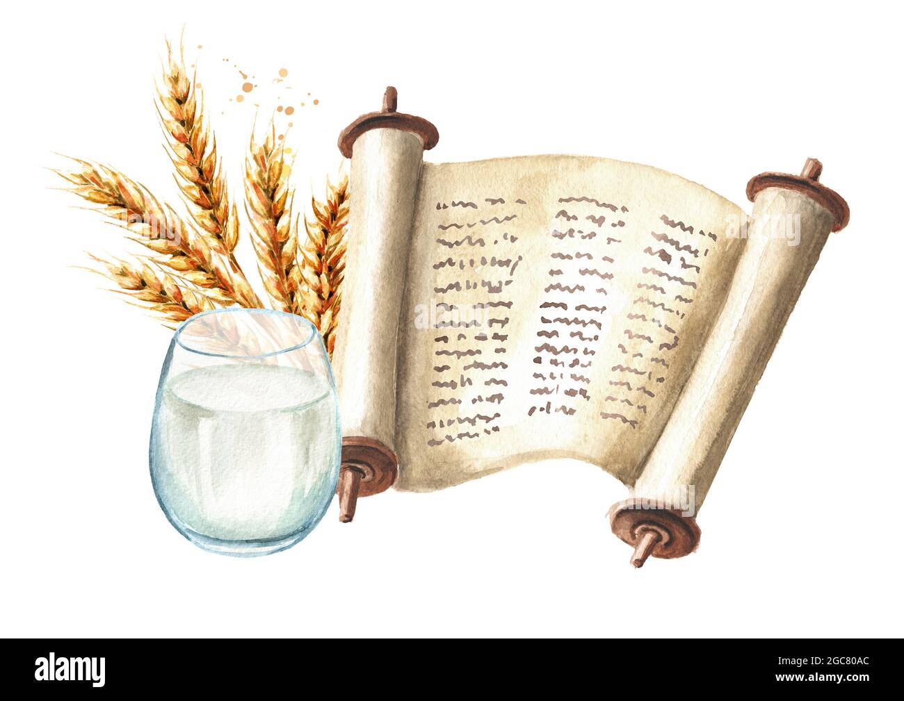 Tora, Milch und Weizen. Symbol des jüdischen Feiertages Shavuot. Aquarell handgezeichnete Illustration, isoliert auf weißem Hintergrund Stockfoto