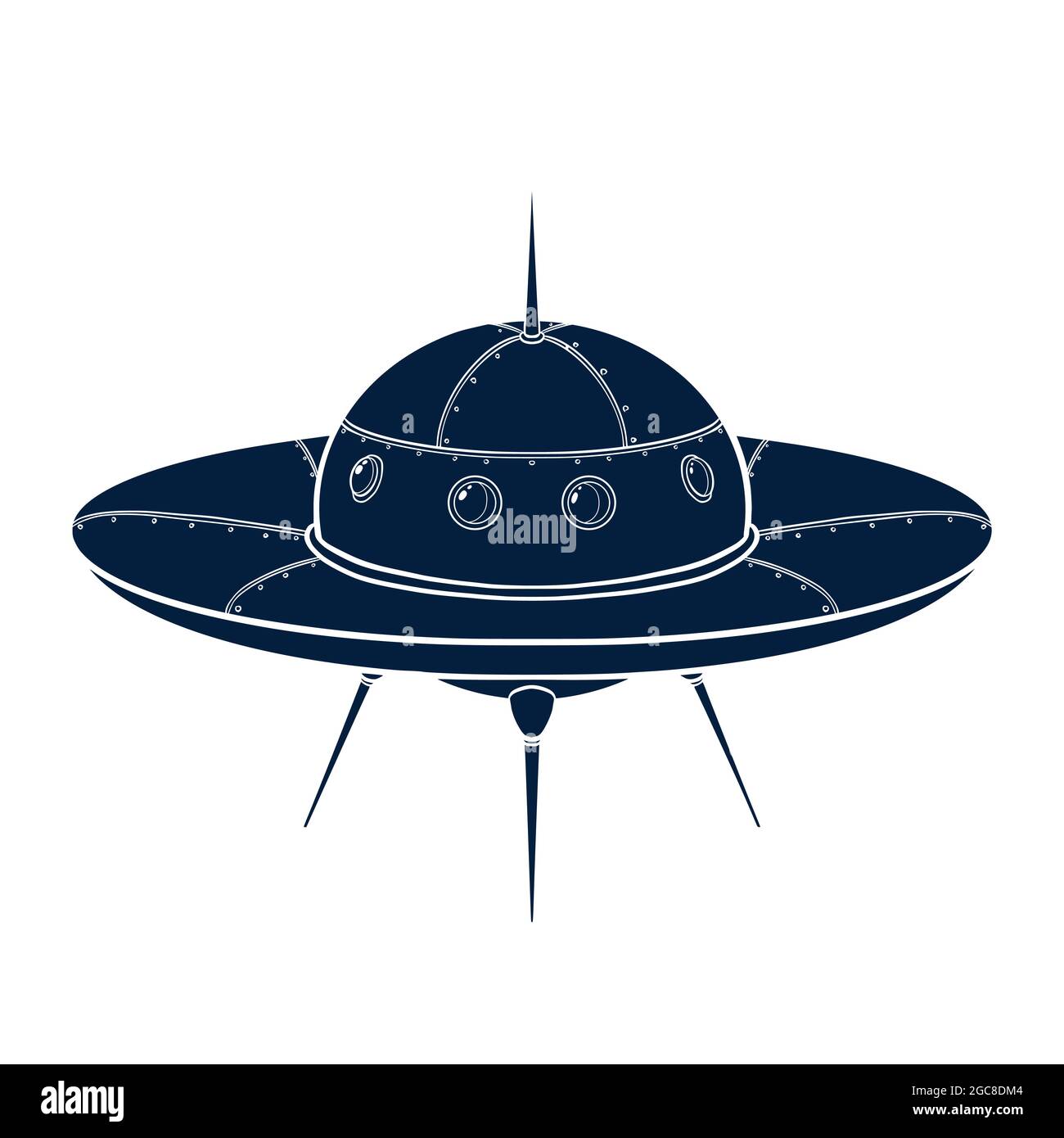 Raumschiff Silhouette. Handgezeichnetes Raumschiff-Symbol. UFO Skizzenvorlage für Logo, Emblem, Webdesign, Print, Sticker, Karte Stock Vektor