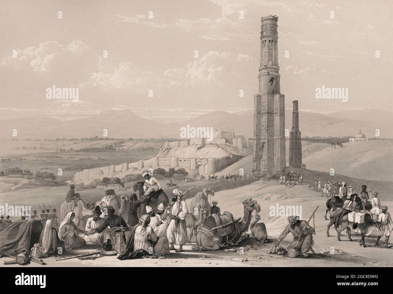 Die Festung und Zitadelle von Ghazni und die beiden Minarette, erster Anglo-afghanischer Krieg, Skizze von James Atkinson, 1839, digital optimiert Stockfoto