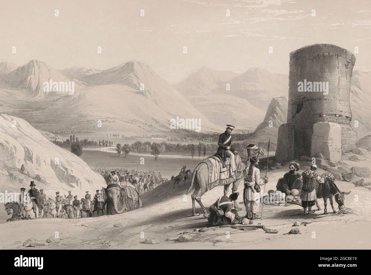 Maīdān Valley, Afghanistan, Provinz Wardak, erster Anglo-afghanischer Krieg, Skizze von James Atkinson, 1839, digital optimiert Stockfoto