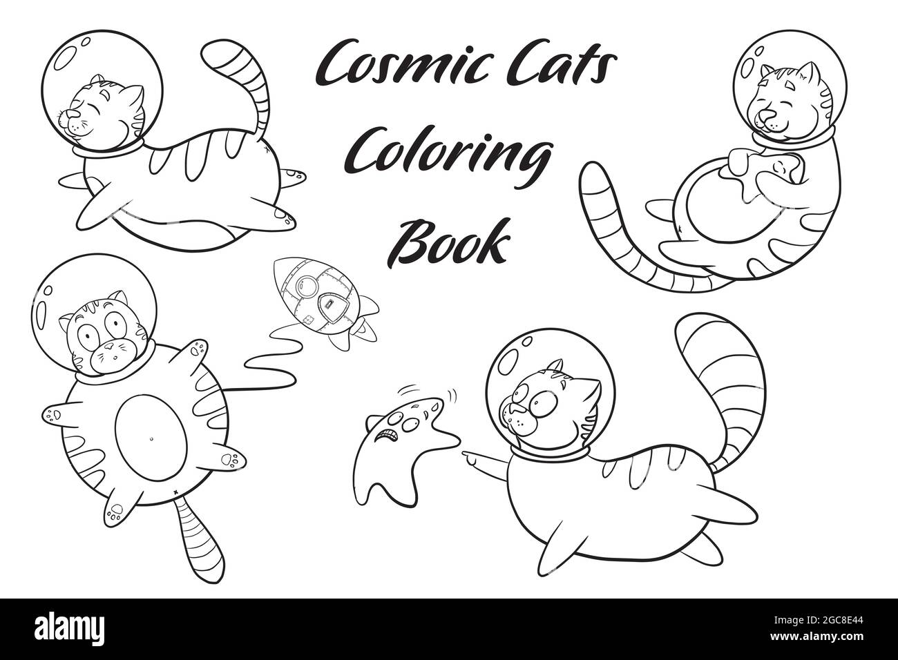 Cartoon Katzen im Raum Malseite. Lustige kosmische Katzen Skizze. Niedliche Tiere im Raum Illustrationen für Malbuch Stock Vektor