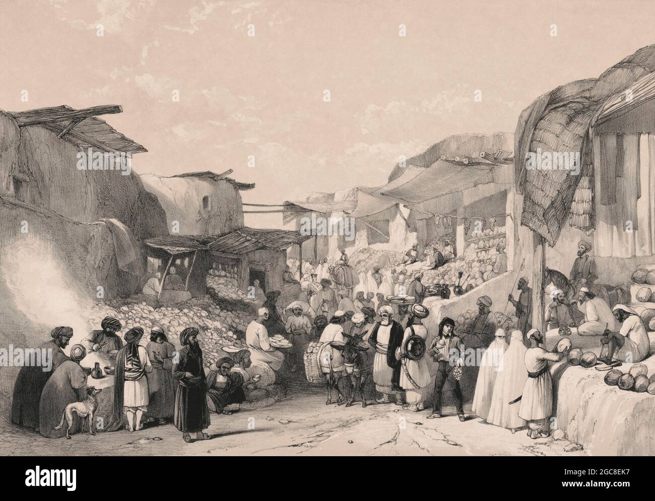 Afghanen auf einem Markt, der Obst kauft und verkauft, Hauptstraße im Basar in Kabul, Afghanistan, erster Anglo-afghanischer Krieg, Skizze von James Atkinson, 1840, digital optimiert Stockfoto