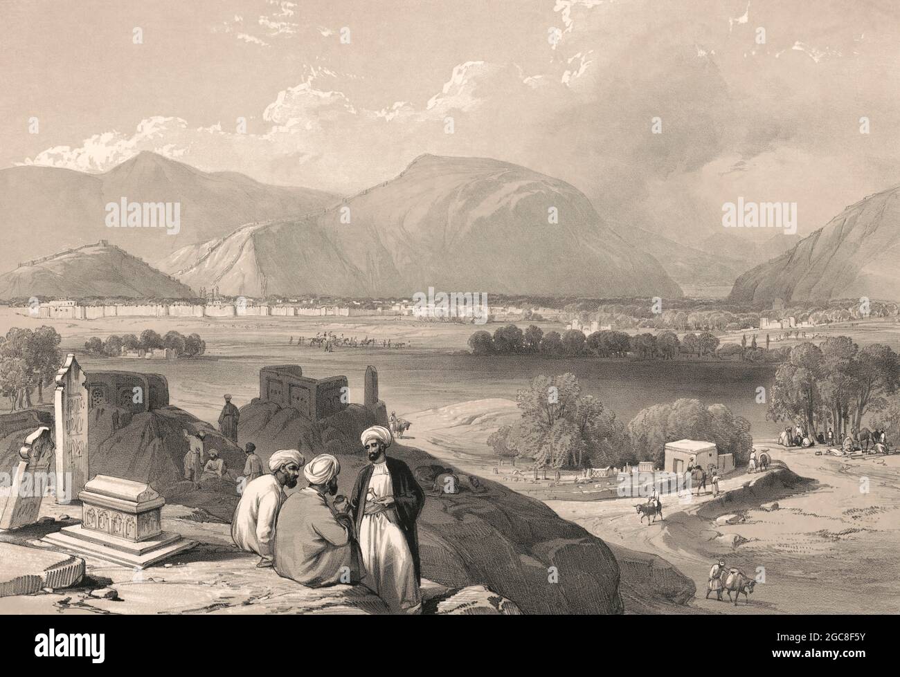 Afghanische Männer auf dem Friedhof von Kaga-Suffa mit Blick auf die Stadt Kabul, Afghanistan, erster Anglo-Afghan-Krieg, Skizze von James Atkinson, 1839, digital optimiert Stockfoto