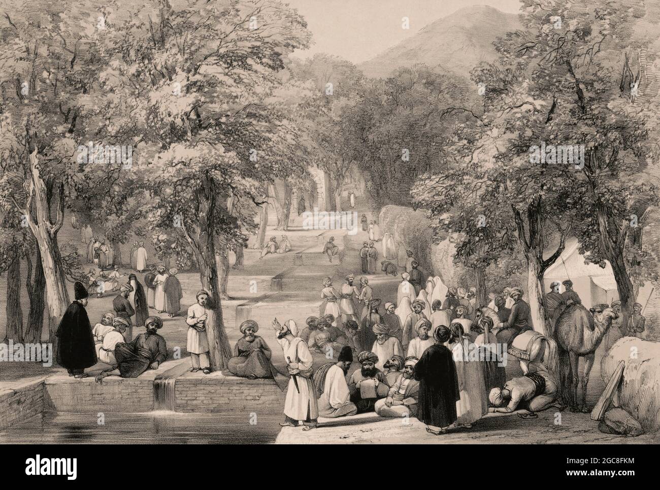 Der Garten von Kaiser Zahir ad-DIN Muhammad Babur, Kabul, Afghanistan, erster Anglo-afghanischer Krieg, Skizze von James Atkinson, 1839, digital optimiert Stockfoto