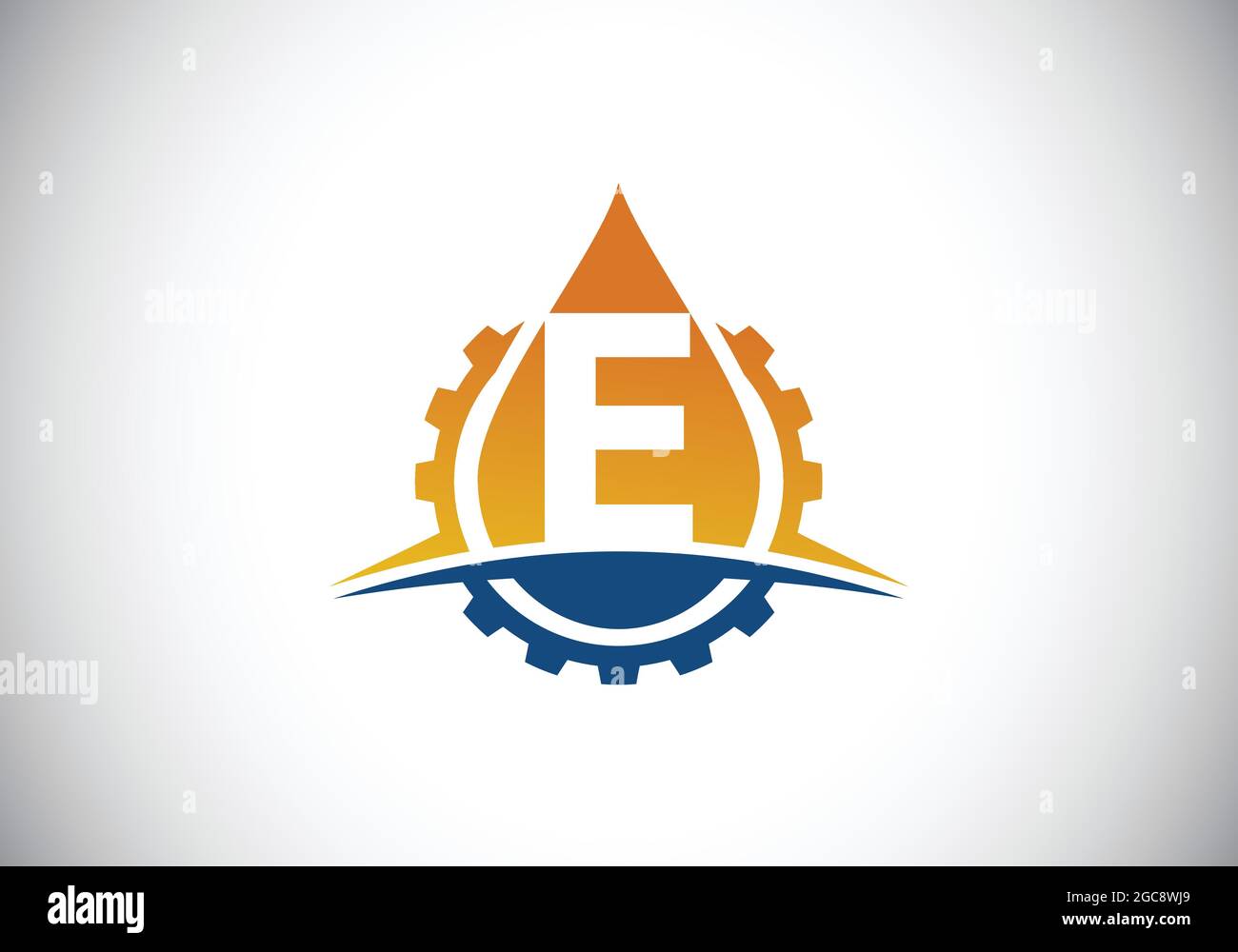 Anfängliches E-Monogramm-Alphabet mit Zahnradschwund und Öl. Logo-Konzept für Öl und Gas. Schrift-Emblem. Modernes Vektorlogo für Mineralölgeschäft und -Unternehmen Stock Vektor