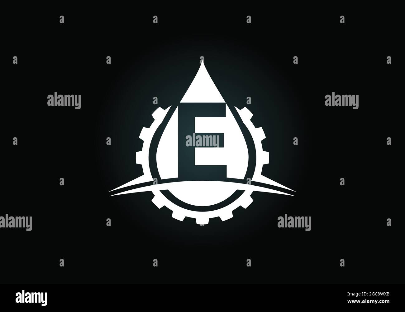 Anfängliches E-Monogramm-Alphabet mit Zahnradschwund und Öl. Logo-Konzept für Öl und Gas. Schrift-Emblem. Modernes Vektorlogo für Mineralölgeschäft und -Unternehmen Stock Vektor