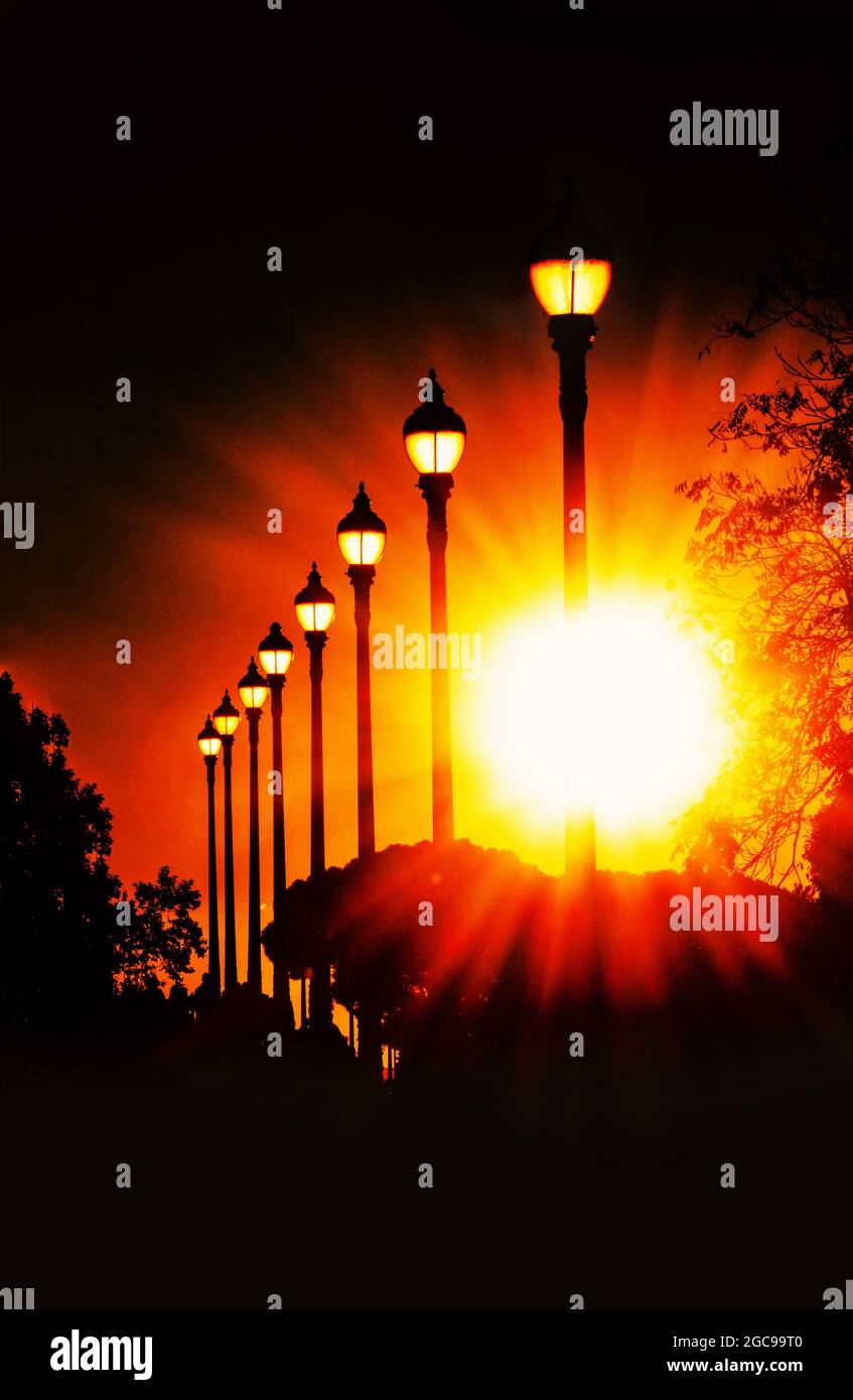 Straßenlaternen von Sonnenschein beleuchtet Stockfoto
