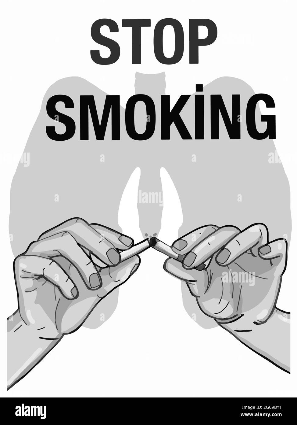 Aufteilung der Zigarette in zwei Hände Lunge, aufhören zu rauchen grauen Farben Stockfoto