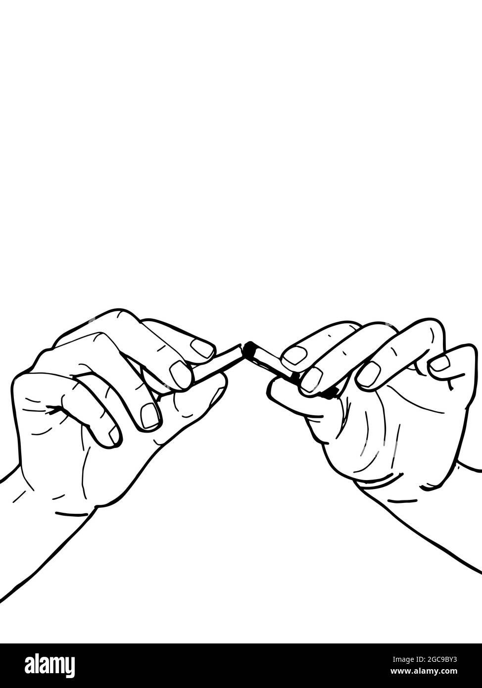 Teilen der Zigarette in zwei Hände, aufhören zu rauchen, Linie Zeichnung Stockfoto