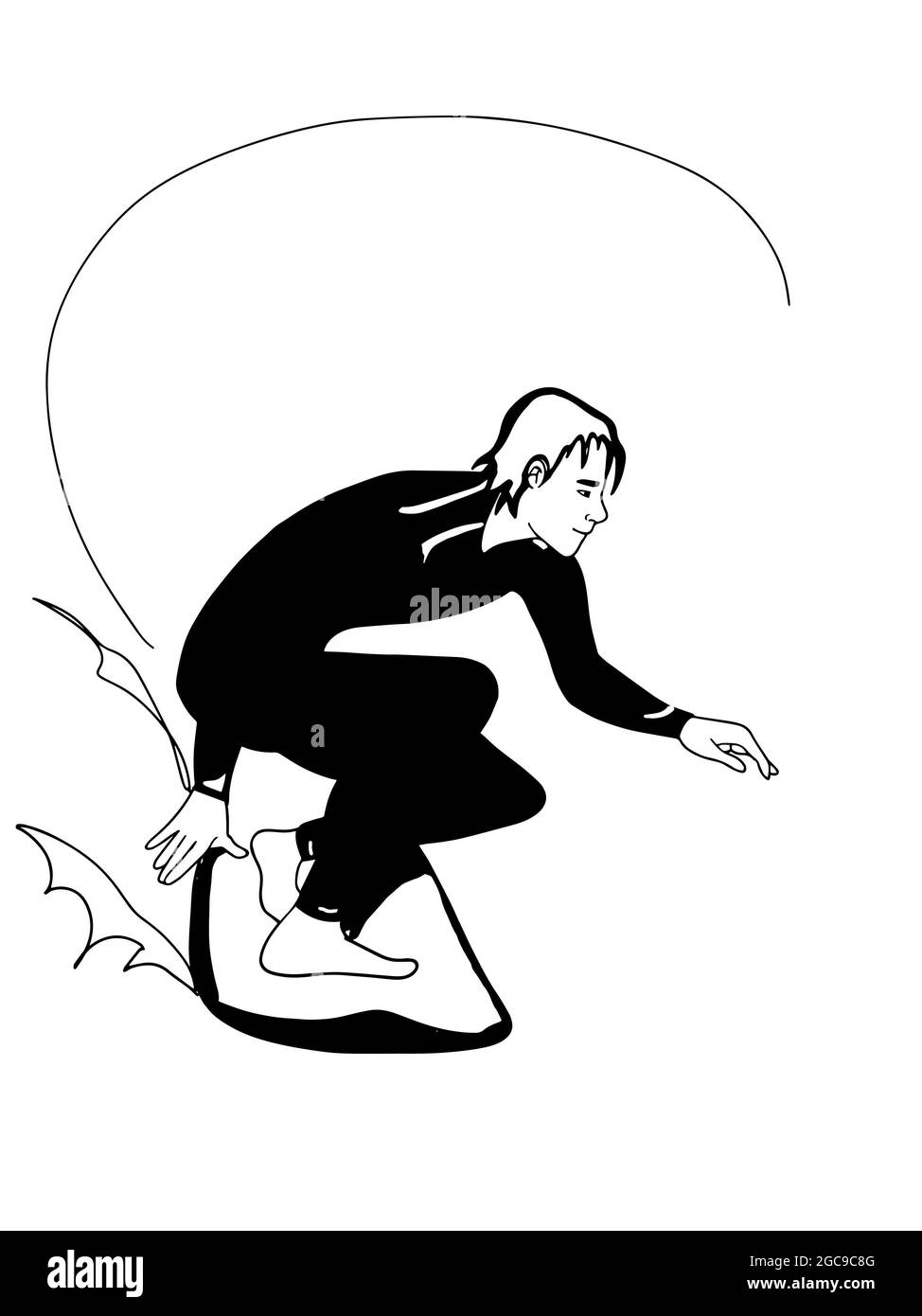 Der Mann, der Zeichentrickfilm surft, hat weiße Farben Stockfoto