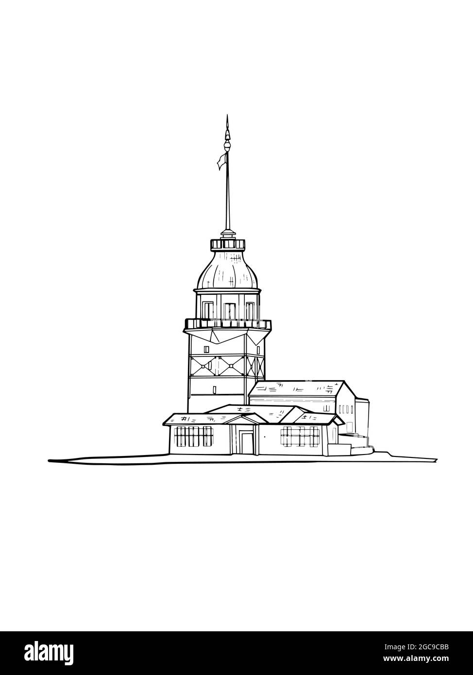 Girl Tower istanbul / Kız kulesi istanbul Illustration und blauer Himmel und Meer, Linienzeichnung Stockfoto