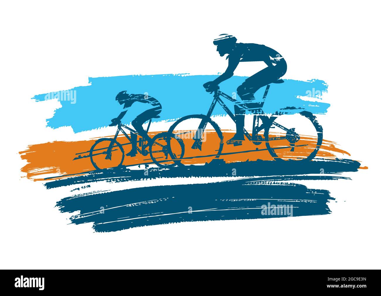 Mountainbike-Radfahrer, Grunge stilisiert. Illustration von zwei Radfahrern auf bunt ausdrucksstarkem Pinselstrich. Vektor verfügbar. Stock Vektor