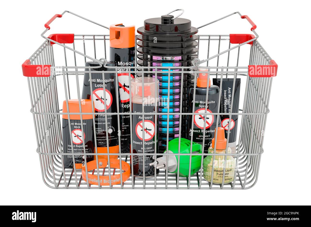 Warenkorb mit Insektenschutzmitteln und Lampe Moskito elektrische Insektenvernichter. 3D-Rendering auf weißem Hintergrund isoliert Stockfoto