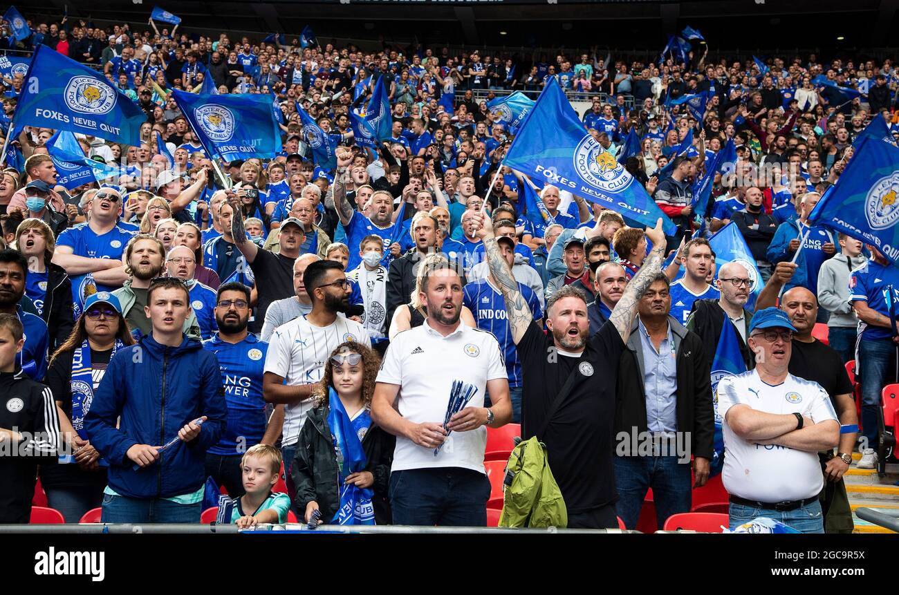 London, England, 7. August 2021. Leicester City Fans während des FA Community Shield Spiels im Wembley Stadium, London. Bildnachweis sollte lauten: Paul Terry / Sportimage Stockfoto