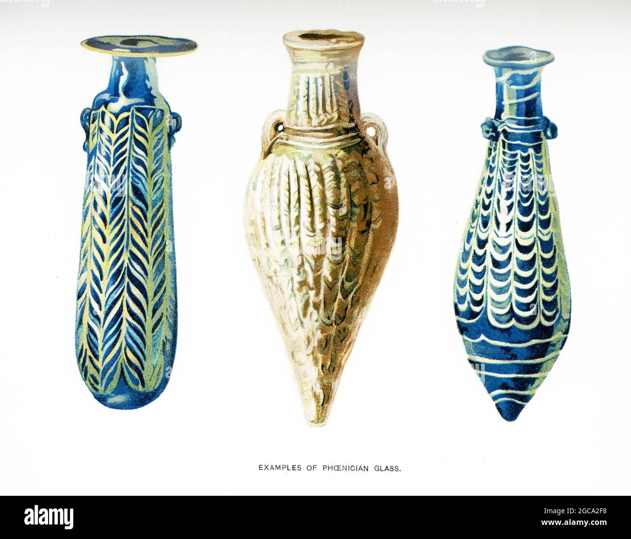Die Bildunterschrift zu dieser Illustration von 1903 in Gaston Masperos Buch über die Geschichte Ägyptens lautet: „Beispiele phönizischen Glases“. Stockfoto