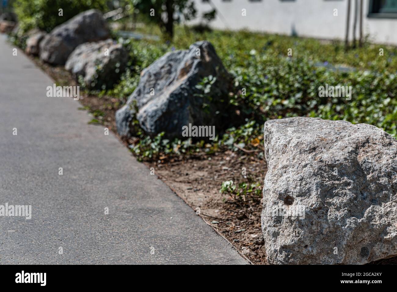Große Steine als Dekoration stehen an sonnigen Tagen entlang der asphaltierten Fußgängerzone. Fokus Vordergrund, Hintergrund verschwommen Stockfoto