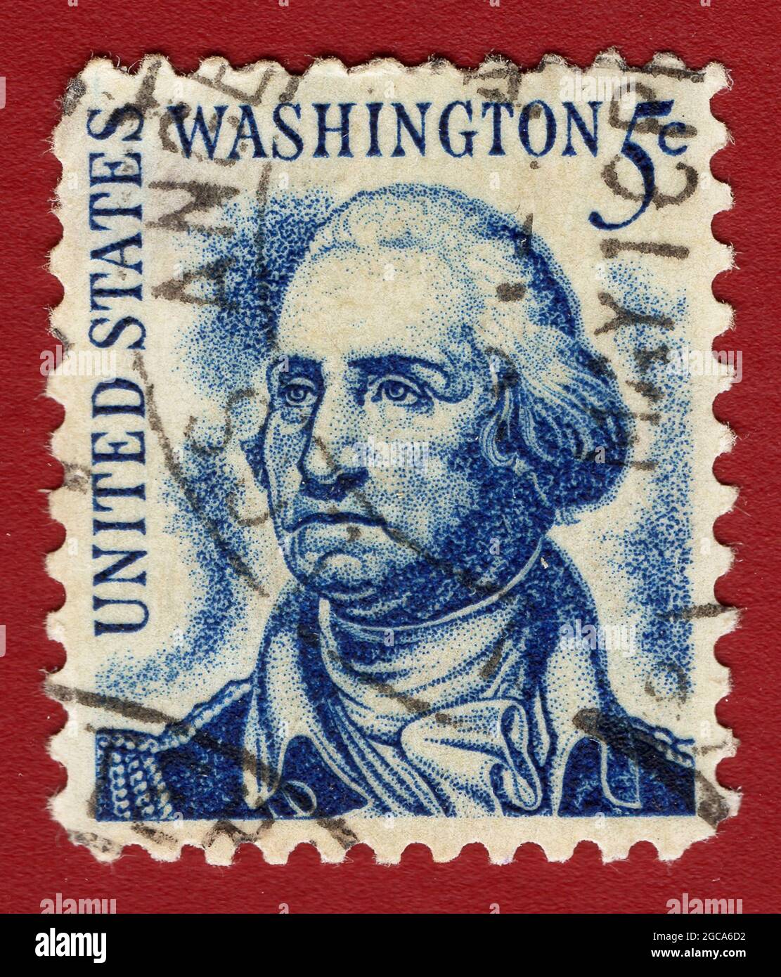 USA-UM 1966: Eine Briefmarke zeigt Bildportrait von George Washington, dem 1. Präsidenten der Vereinigten Staaten von Amerika, um 1966. Stockfoto