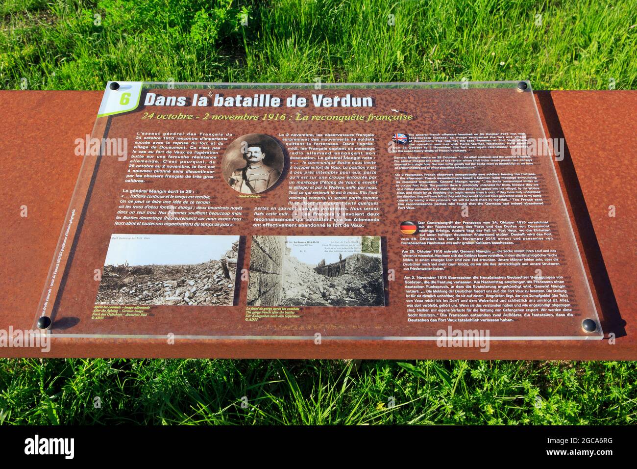 Hinweisschild in Fort Vaux (Fort de Vaux) in Vaux-Devant-Damloup (Maas), Frankreich Stockfoto