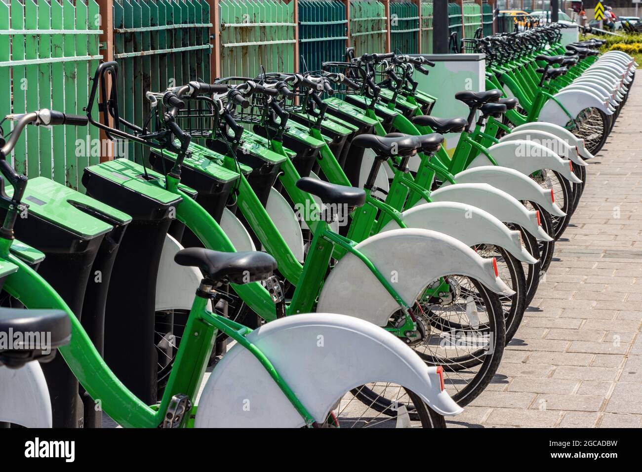 Stadtfahrräder zu mieten. Grüne Farben Verleih Fahrräder Automat Stockfoto