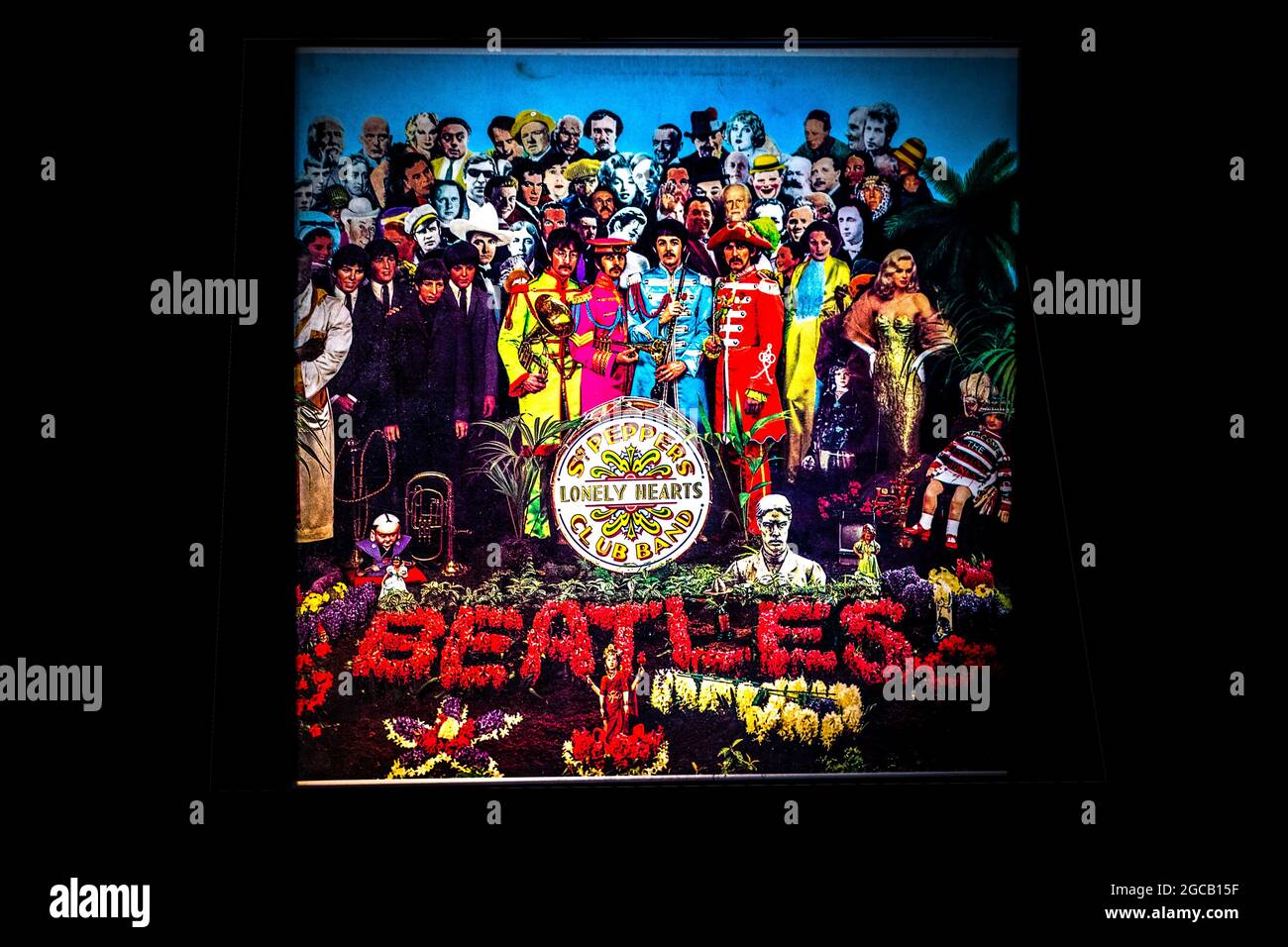 Isolierte Nahaufnahme der Beatles Sgt. Pepper's Lonely Hearts Club Band Vinyl Album Stockfoto