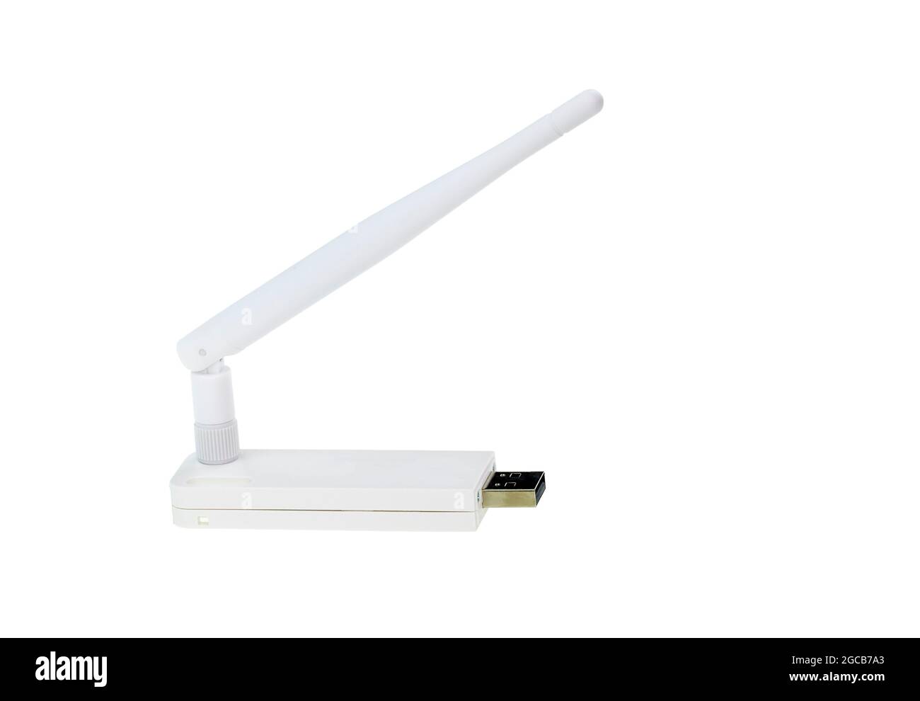 Abbildung eines weißen WiFi USB-Sticks mit einer isolierten Antenne auf weißem Hintergrund. Stockfoto