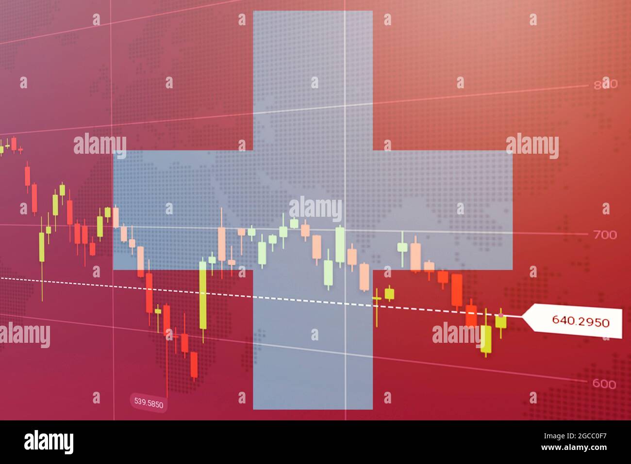 Virtuelle Finanzgrafik unter der Flagge Deutschlands. Forex- und Investmentkonzept. Mehrfachbelichtung. Die Grafik fällt über die Flagge Deutschlands. Krisenkonzept Stockfoto