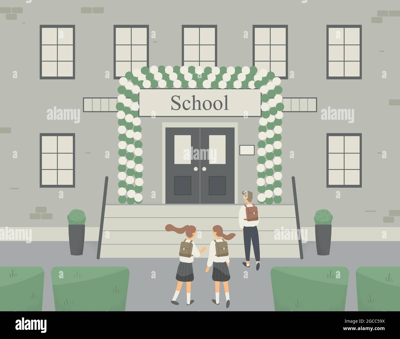 Сlassmates, Klassenkameraden oder Freunde gehen und reden oder plaudern in der Nähe des Schulgebäudes aus Backstein.Eingang zur Bildungseinrichtung, die mit Ballons dekoriert ist Stock Vektor