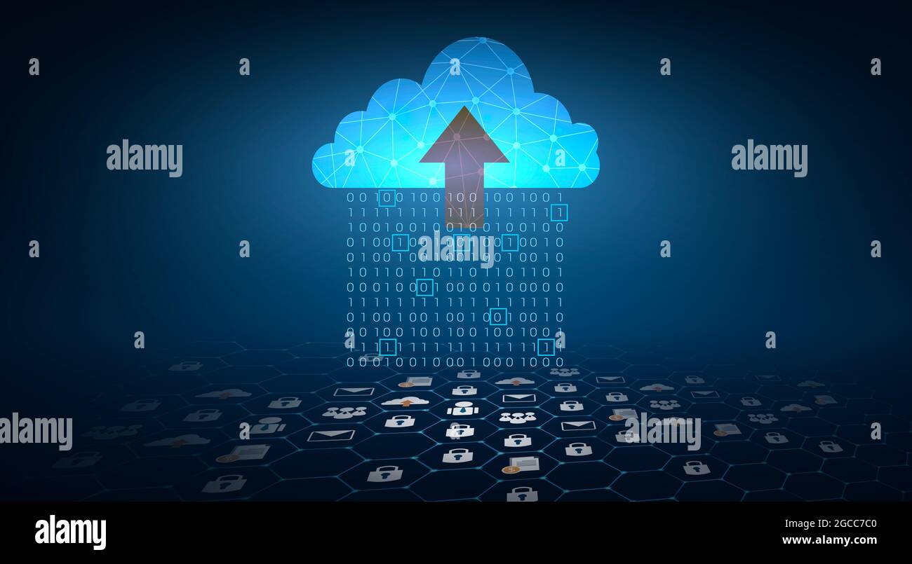Digitaler Datensatz mit Binärzahlen, der auf blauem Hintergrund an die Wolken gesendet wird. Stockfoto