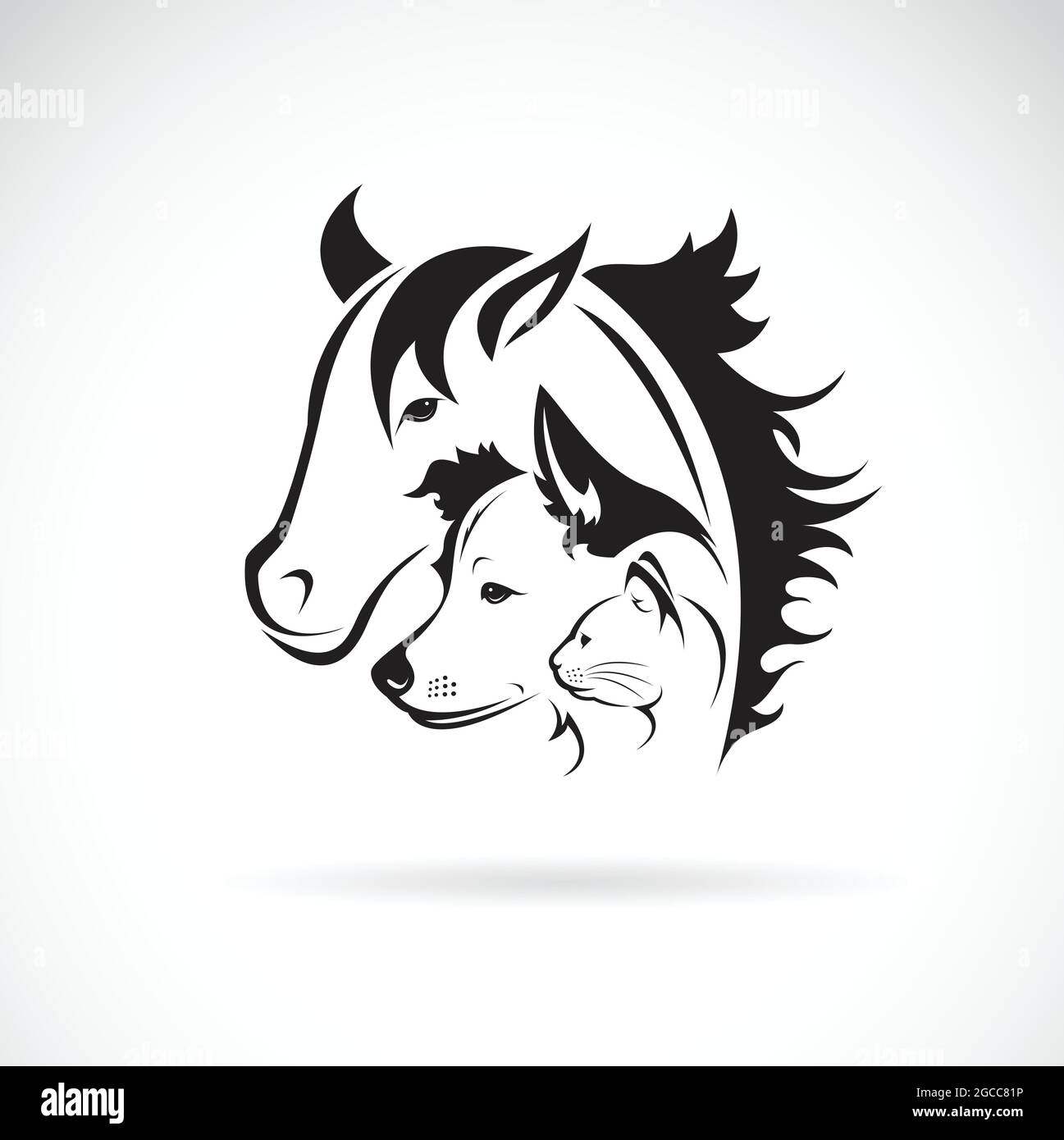 Vektor-Gruppe von Haustieren - Pferd, Hund, Katze, isoliert auf weißem Hintergrund. Pets Symbol oder Logo. Leicht editierbare Vektorgrafik mit Ebenen. Stock Vektor