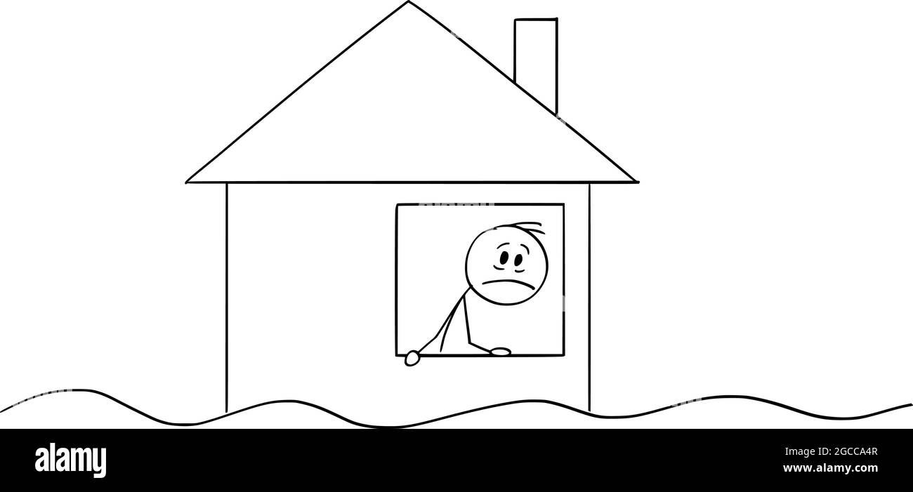 Person, die auf Überschwemmung aus dem Fenster des überfluteten Hauses, Vektor Cartoon Stick Figur Illustration Stock Vektor