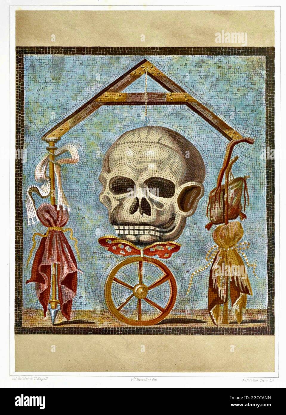 Mosaikkunst - Memento Mori Mosaik aus Pompeji - Schädel Stockfoto
