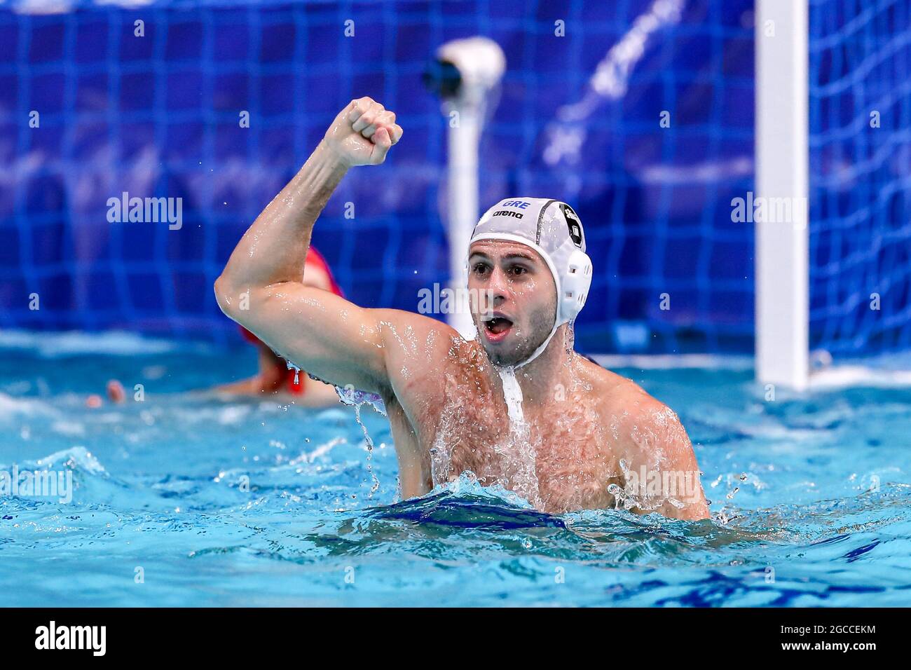 TOKIO, JAPAN - 8. AUGUST: Alexandros Papanastasiou aus Griechenland während des Olympischen Wasserball-Turniers 2020 in Tokio am 8. August 2021 im Tatsumi Waterpolo Center in Tokio, Japan (Foto: Marcel ter Bals/Orange Picles) Stockfoto