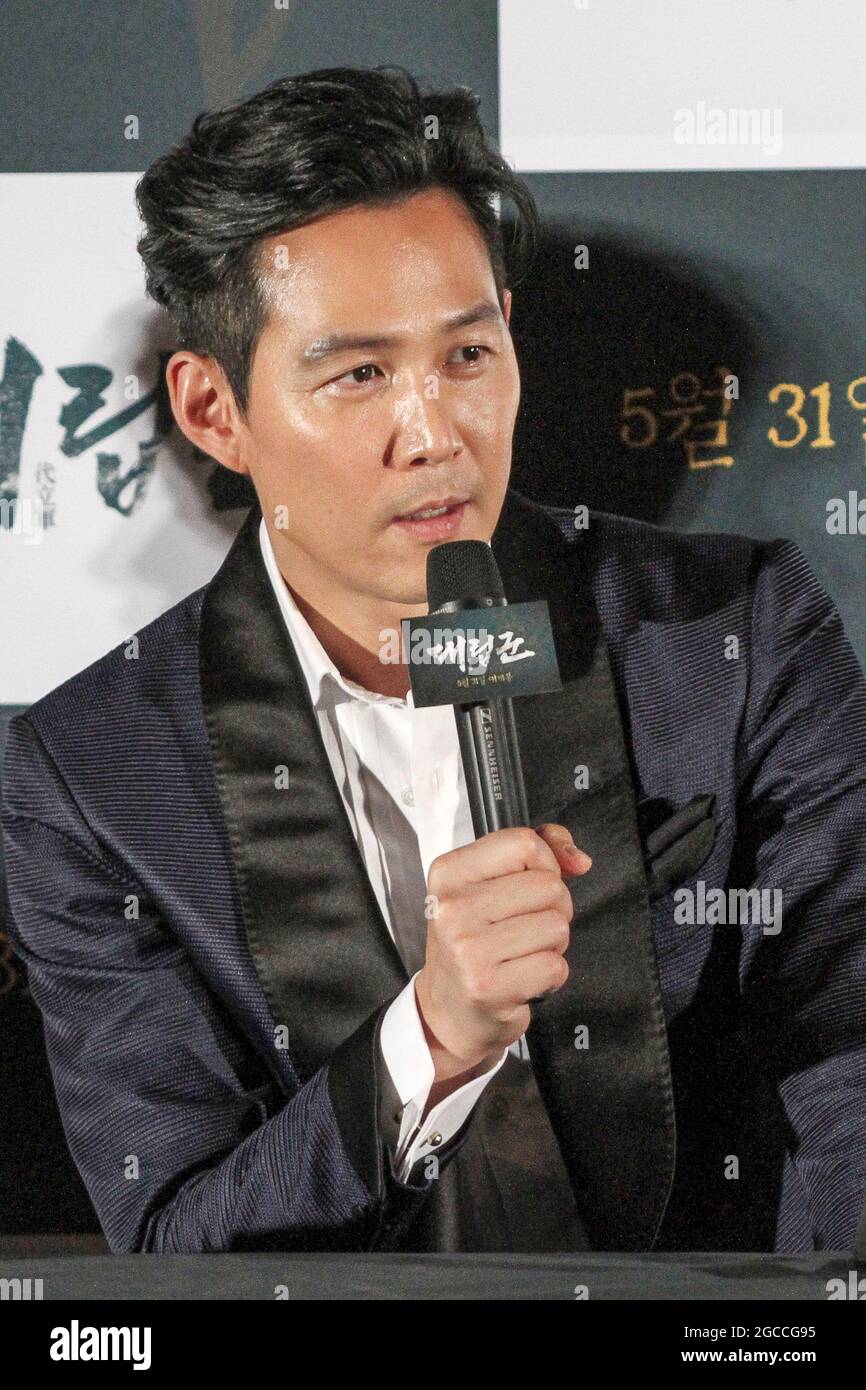 Der Schauspieler Lee Jung Jae besucht die Show während ihres neuen FILMES WARRIORS OF THE DAWN Media Show Case in Seoul, Südkorea. Stockfoto