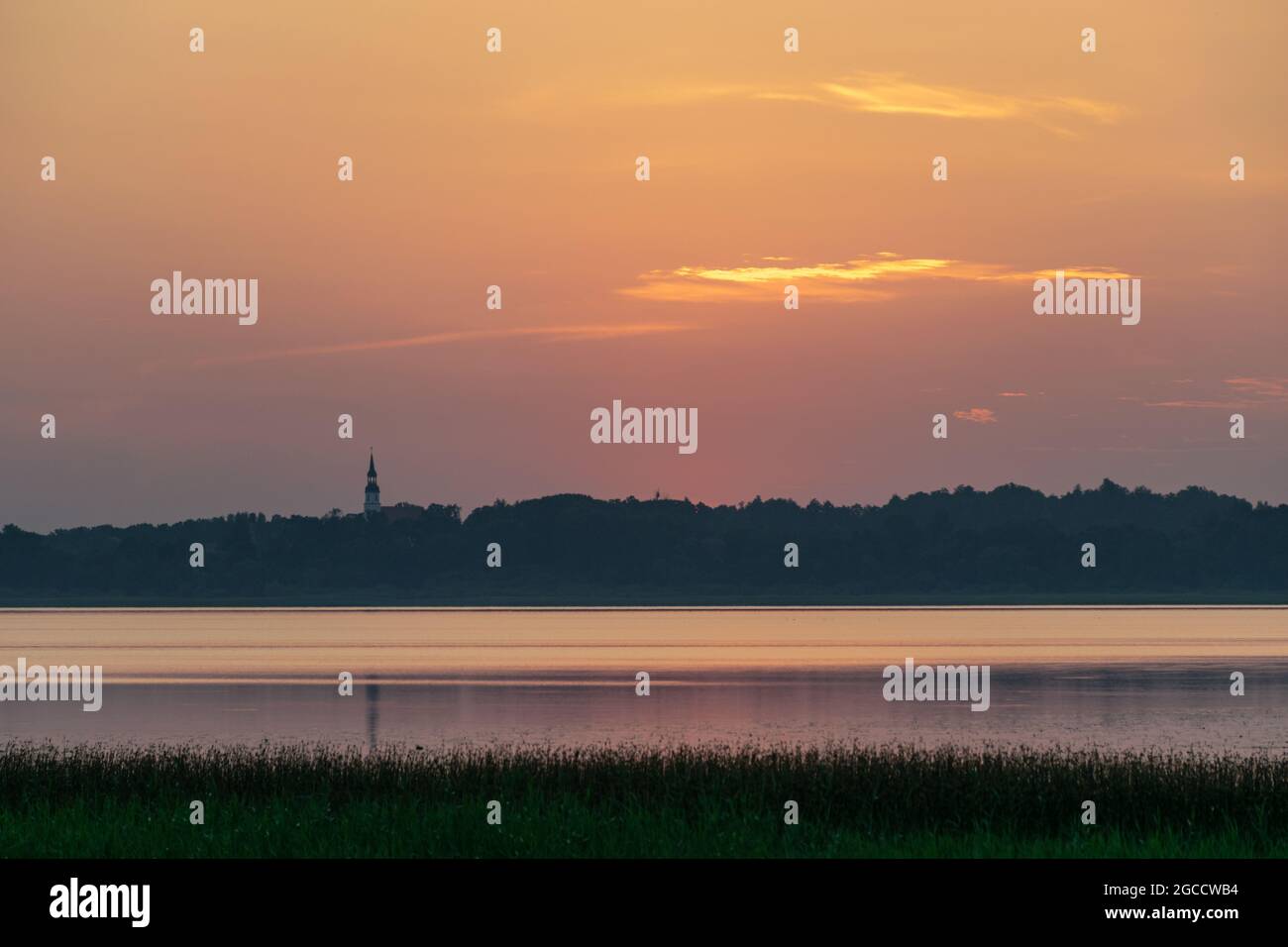 Friedliche Sommerlandschaft auf dem See bei Sonnenaufgang, Dämmerung, Farben des Himmels vor Sonnenaufgang, Sonnenaufgang auf dem See, See Burtnieki, Lettland Stockfoto