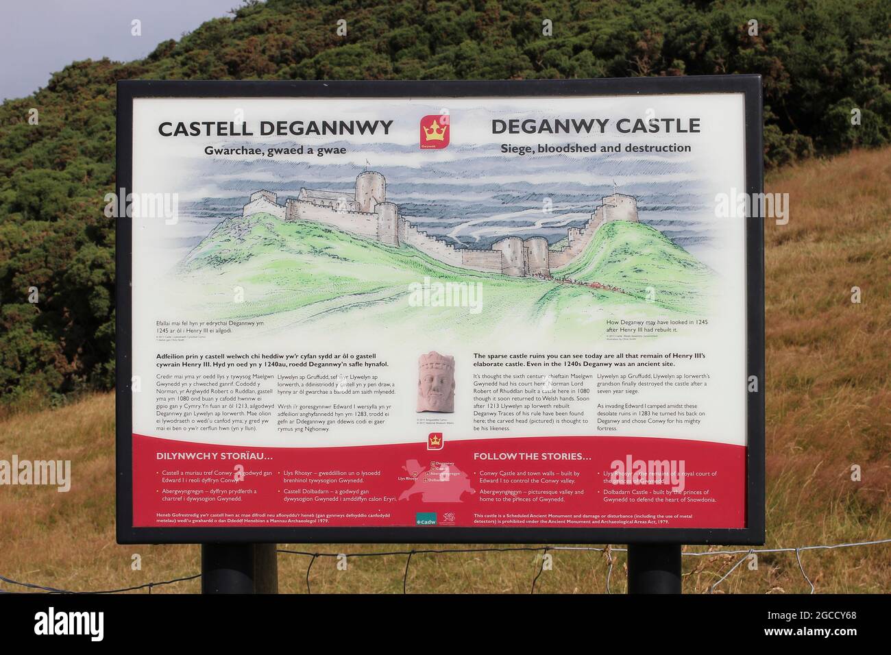 Deganwy Castle Schild auf der Vardre - eine frühe Festung von Gwynedd, die an der Mündung des Flusses Conwy, Wales liegt Stockfoto