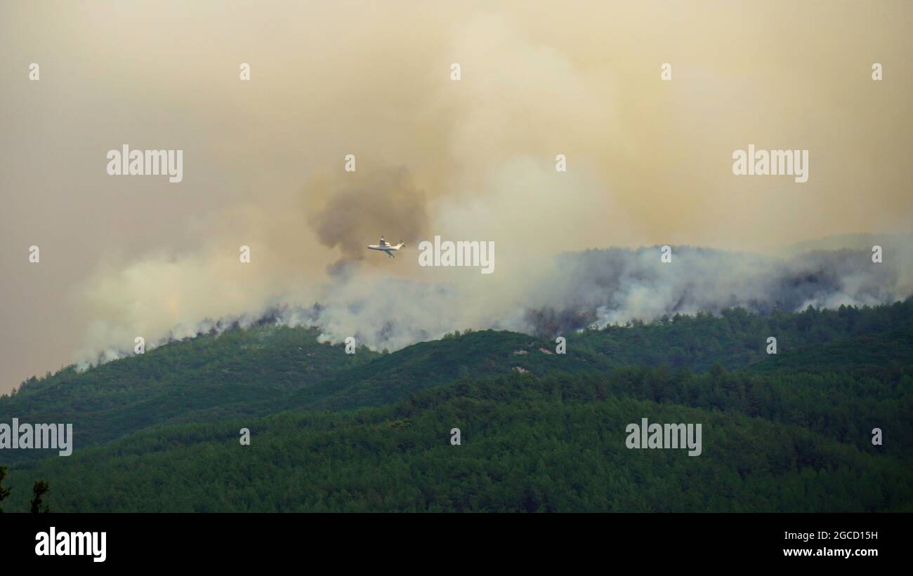 Nachdem das Kraftwerk Kemerkoy durch einen Waldbrand verbrannt wurde, erreichten Blasen auch das Wärmekraftwerk Yenikoy in Milas, in der südwestlichen Provinz Mugla der Türkei. Dieser Brand wurde früh von Feuerwehrmannschaften gelöscht. Feuerwehrmänner und städtische Teams in der ganzen Türkei haben in Feslegen, Bay?r und anderen Dörfern, die von massiven Waldbränden betroffen waren, weiterhin aus der Luft und dem Boden gelöscht. Waldarbeiter wurden Bäume geschnitten, um ein mögliches Waldbrand in der Zone des thermischen Kraftwerks in der Nähe der Straße zu verhindern. Einige Nichtregierungsorganisationen und Gemeinden haben Lebensmittel und Wat verteilt Stockfoto