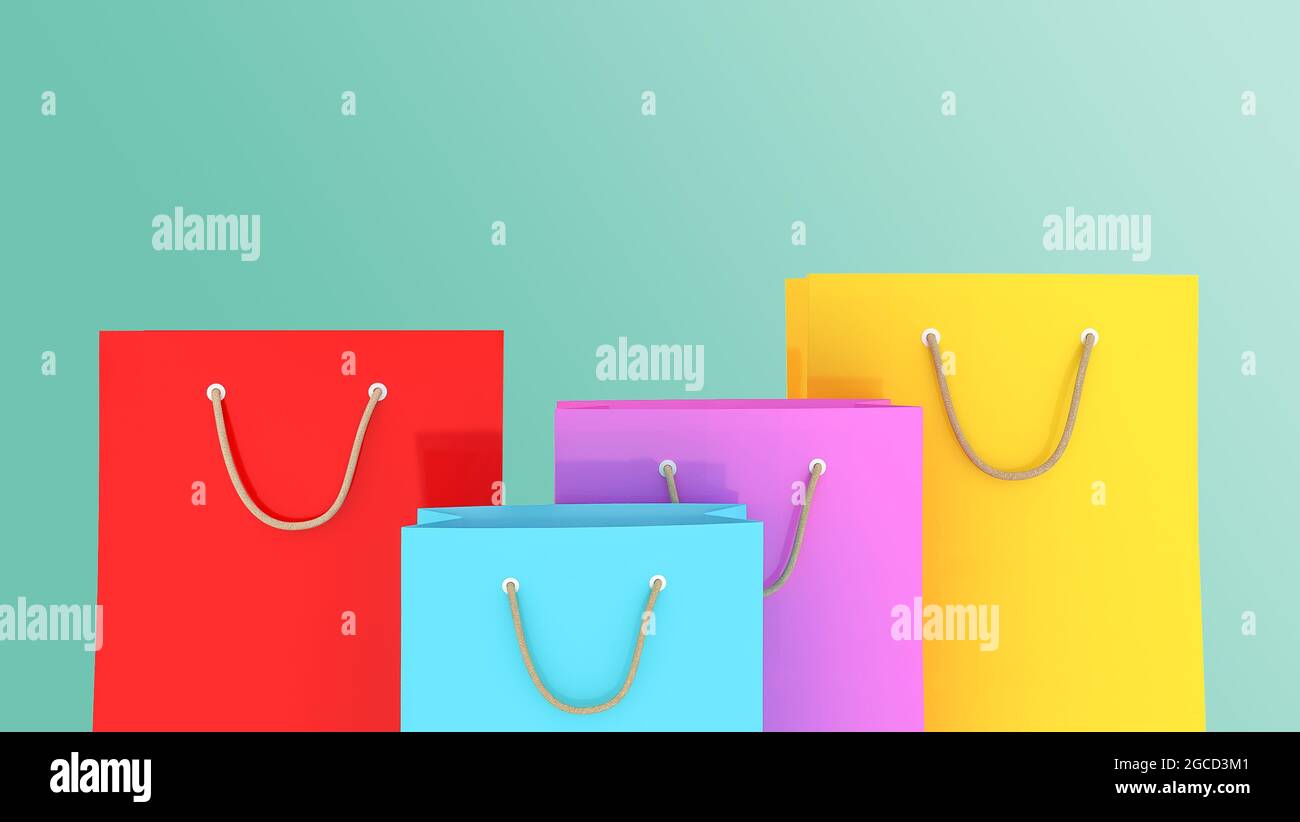 Bunte Papier-Einkaufstaschen auf grünem Hintergrund., 3D-Rendering. Stockfoto