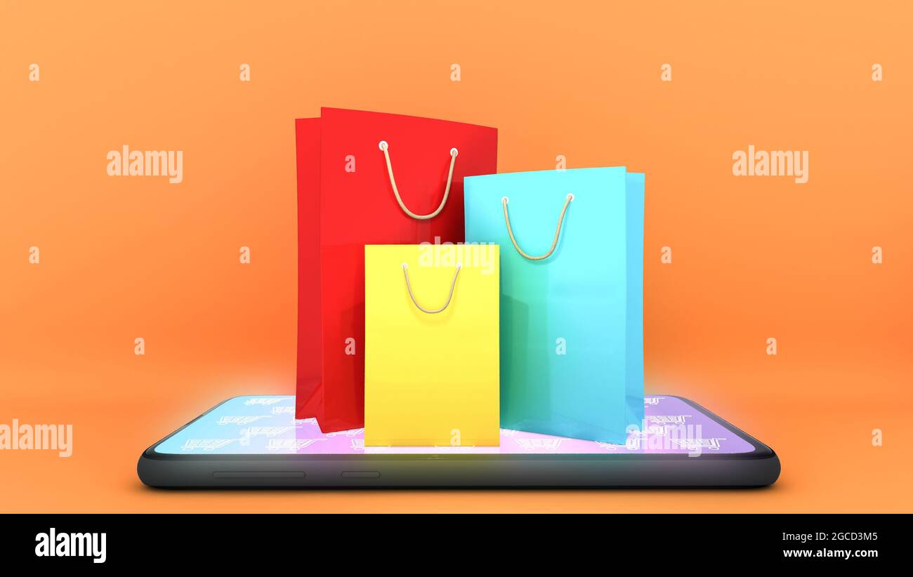 Bunte Papier-Einkaufstaschen auf Handy mit orangefarbenem Hintergrund., Shopping online oder shopaholic Konzept, 3D-Rendering. Stockfoto