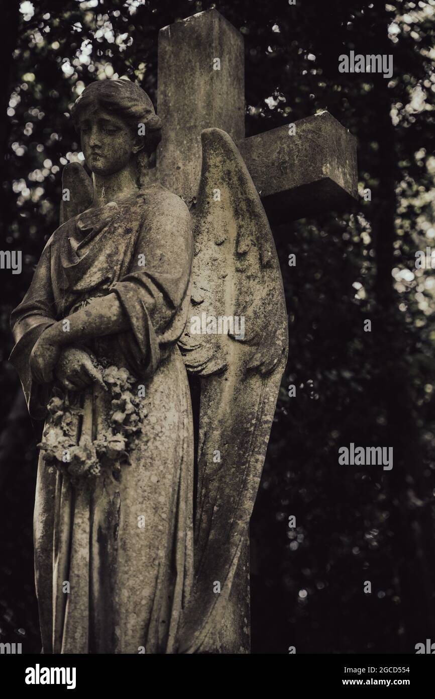 Verwitterte Steinengelstatue mit Kreuz auf dem historischen Friedhof Stockfoto